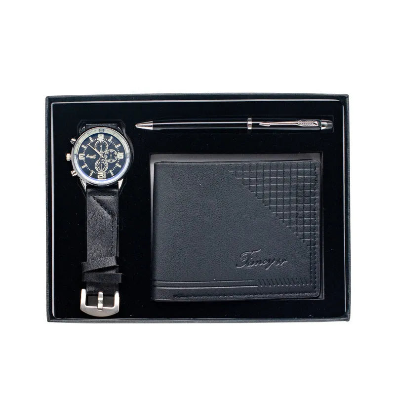Brown and black wallet pen watch gift sets with modern simple style gift box packaging
