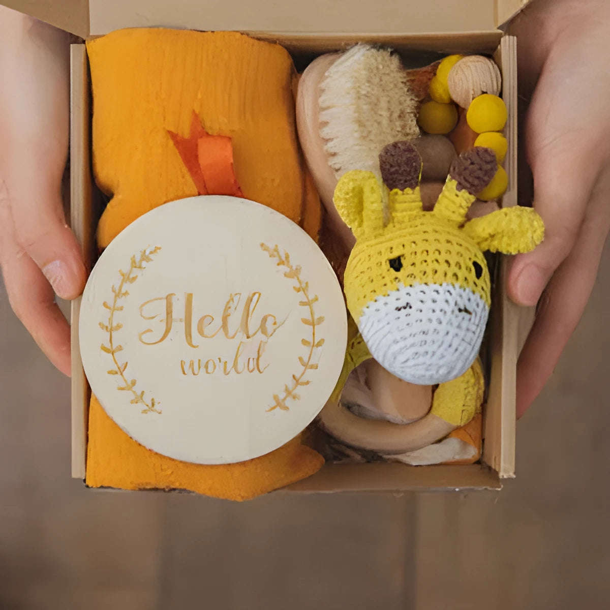 Baby teething toy set with bamboo blanket, wooden teether, bell, tyre brush and milestone for infant development