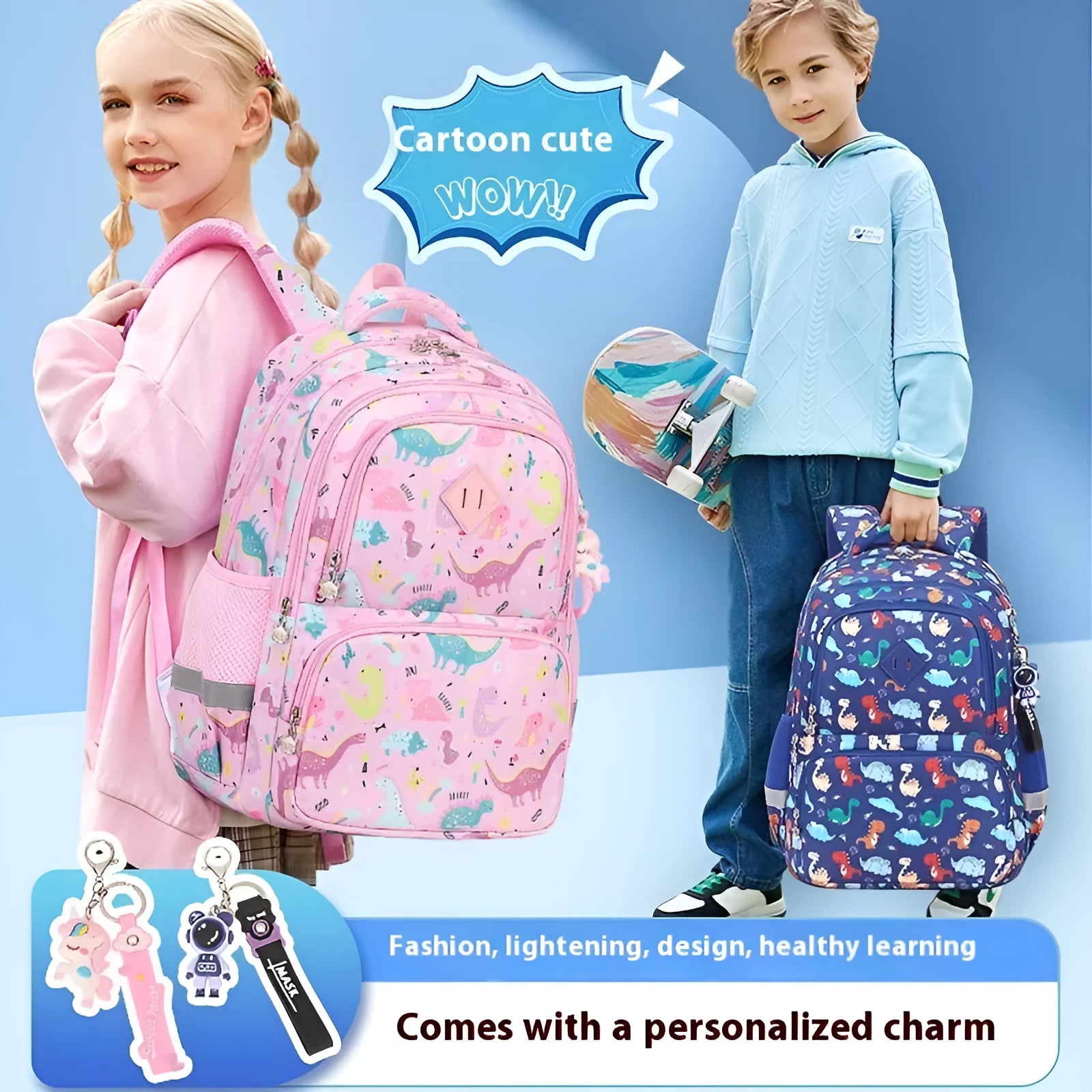 Blue children's dinosaur print school backpack with curved straps on a white background.