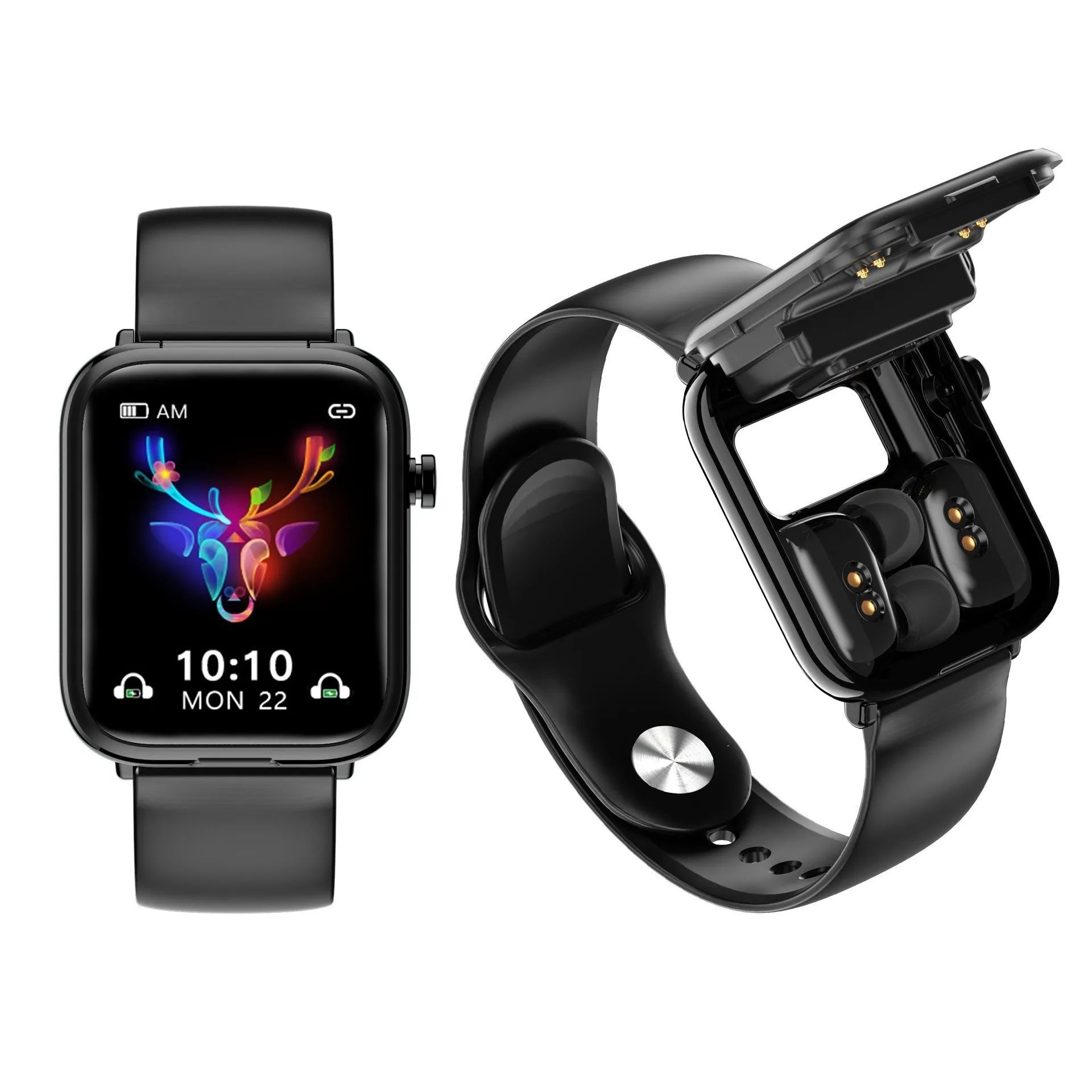 Black zinc alloy smartwatch with Bluetooth earpieces in charging case on a white background.