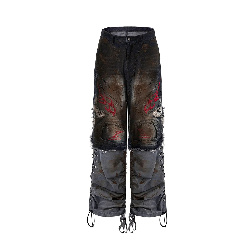 Men's retro denim jeans with detachable trouser legs in a wide-leg, loose fit
