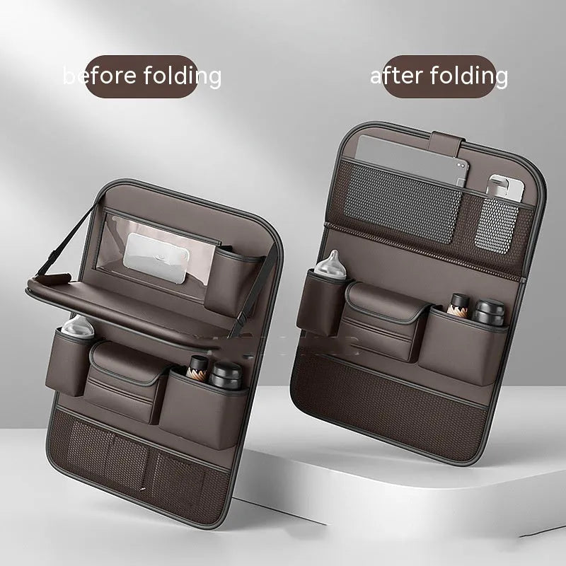 Car seat storage bag with foldable table in leather, hanging behind vehicle seat