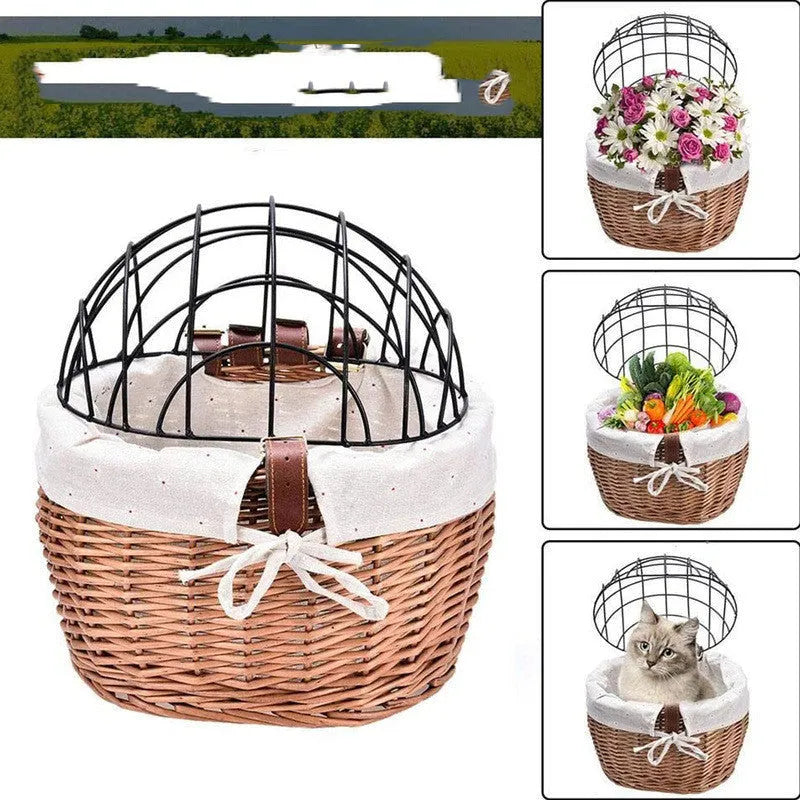 Honey-coloured wicker bicycle front handle basket medium size for cat or dog pet seat on road bicycle
