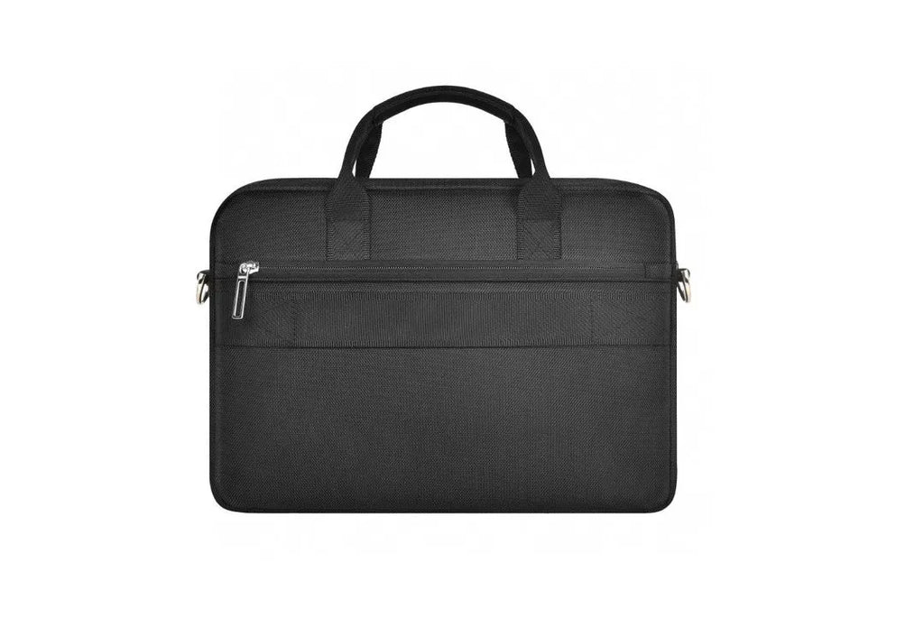 Black oxford cloth multi-pocket laptop handbag shown open, revealing separate padded computer layer and internal organisers.