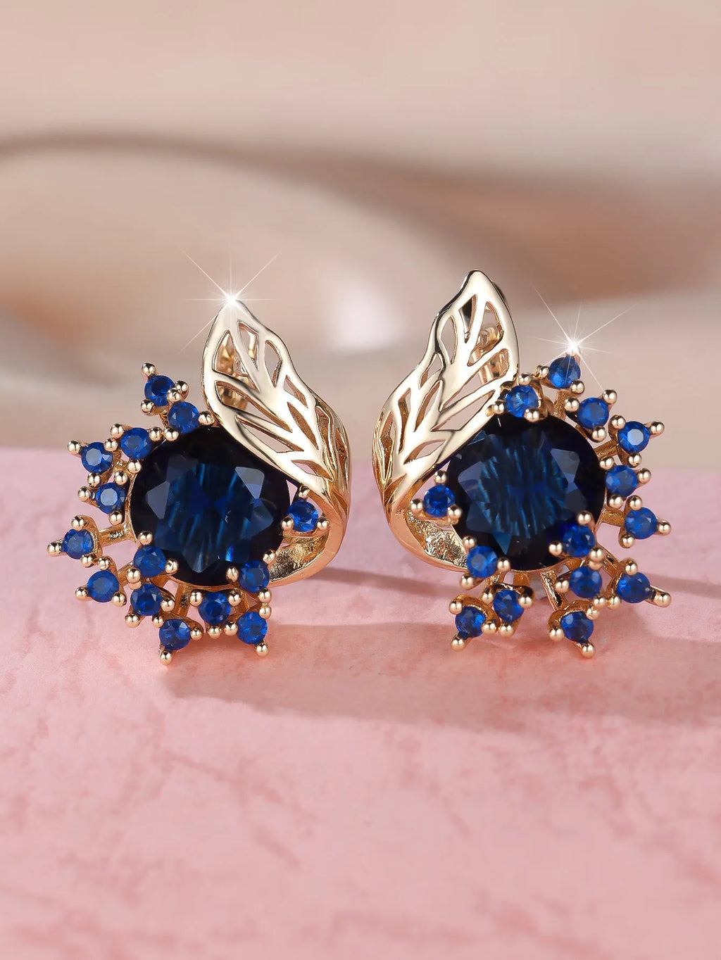 Round flower feather zircon earrings for women in champagne gold copper electroplated natural style