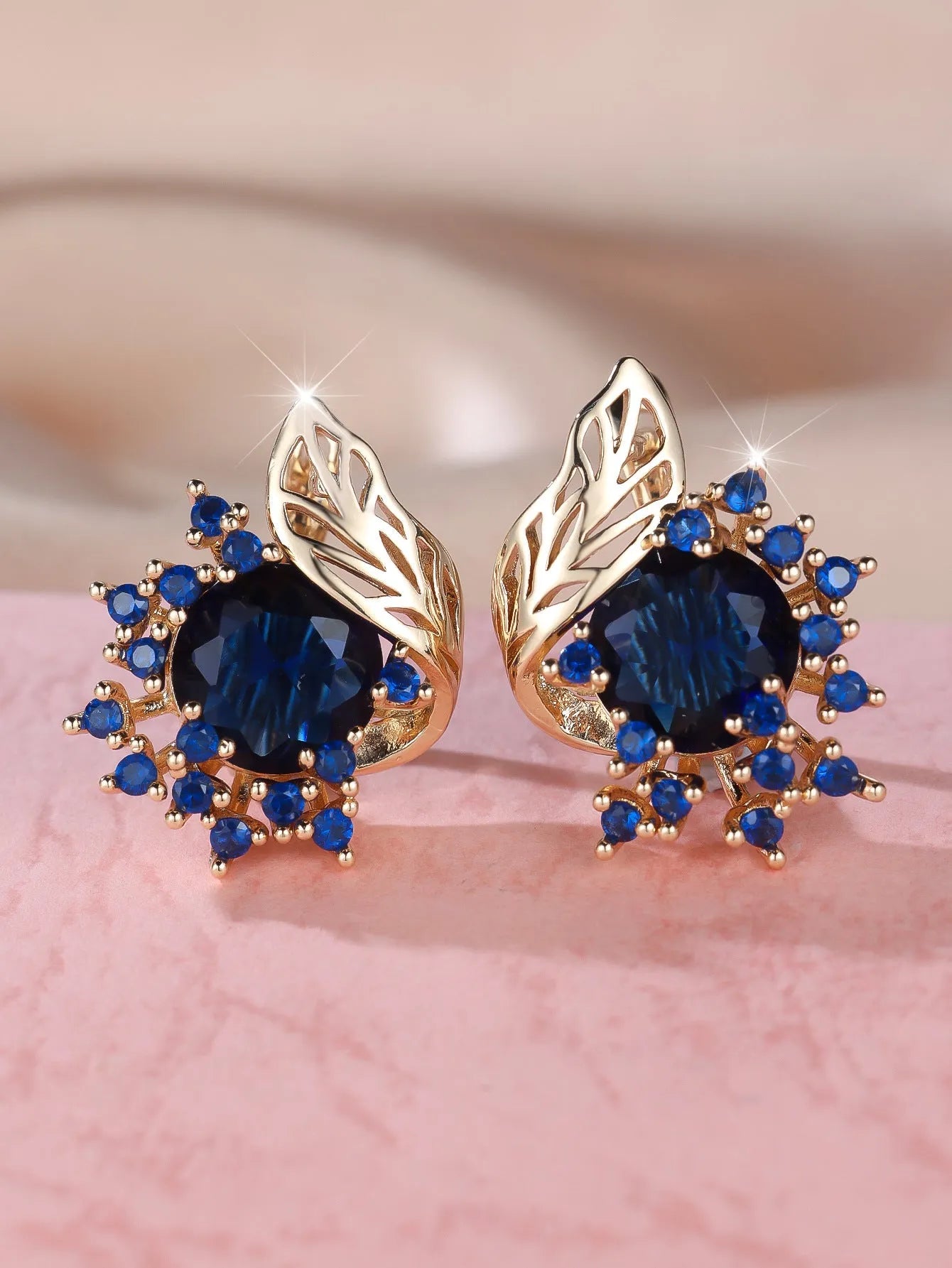 Round flower feather zircon earrings for women in champagne gold copper electroplated natural style
