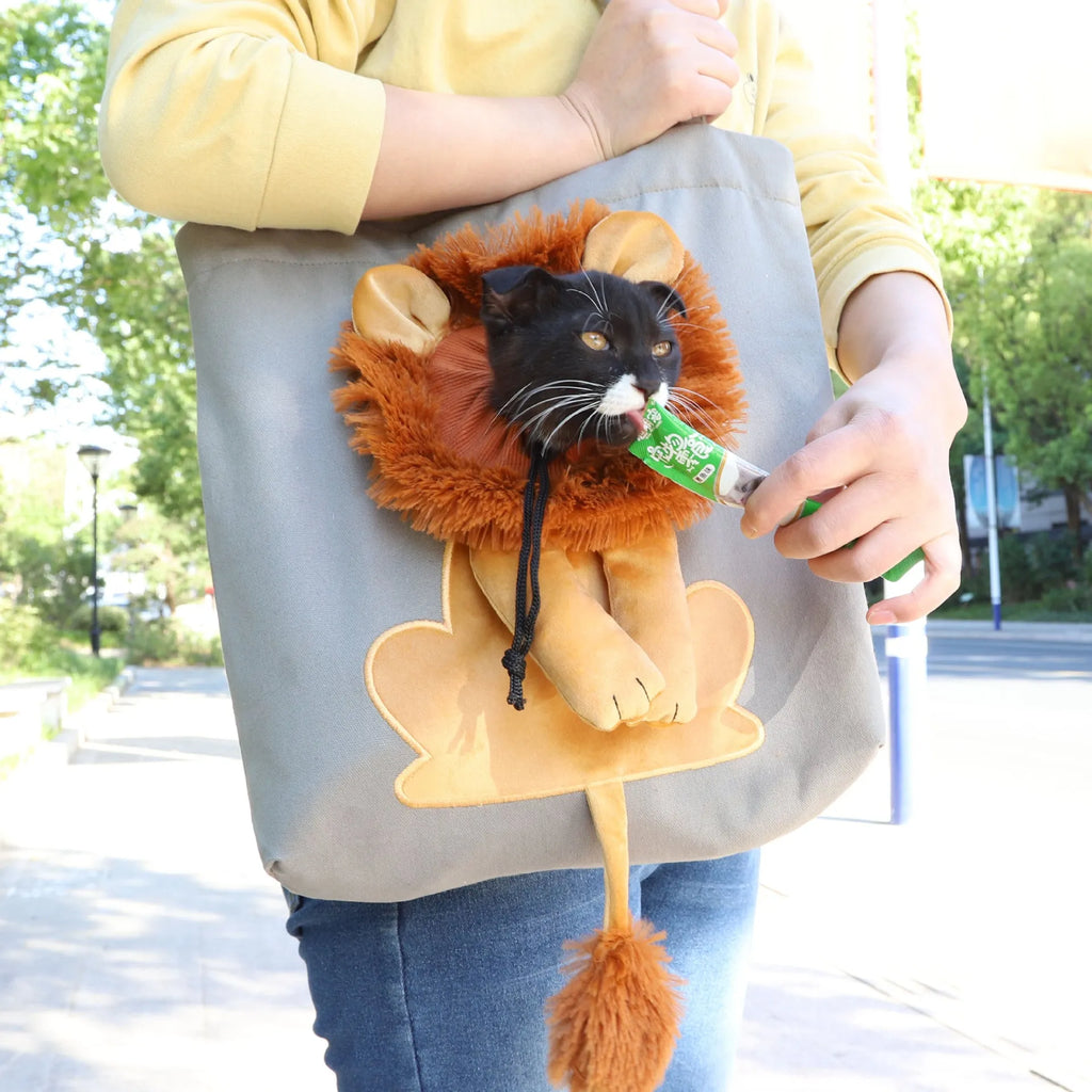 Canvas lion design pet carrier bag with safety zippers, adjustable opening, double shoulder strap, available in multiple colours