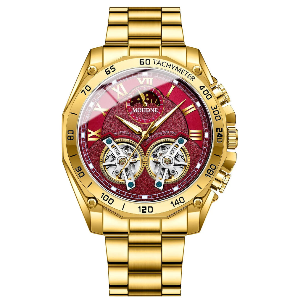Men's double mechanical hollow watch with multi-function sub-dials, available in gold and black finishes