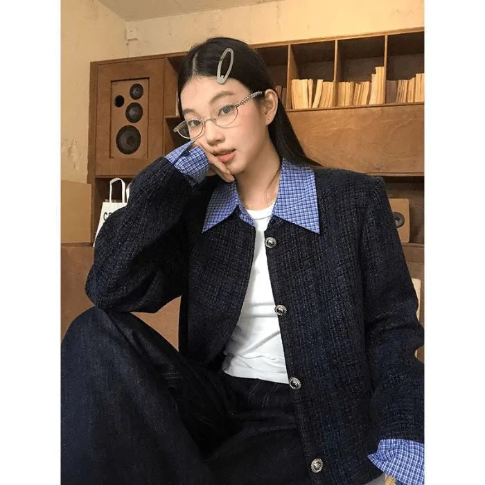Womens loose casual short tweed jacket with button and stitch detailing, solid colour, cropped 40cm length