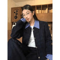 Womens loose casual short tweed jacket with button and stitch detailing, solid colour, cropped 40cm length