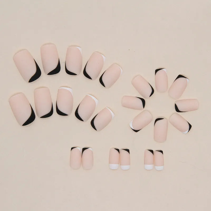Black and white frosted French manicure false nails set with mandarin duck colour pairing