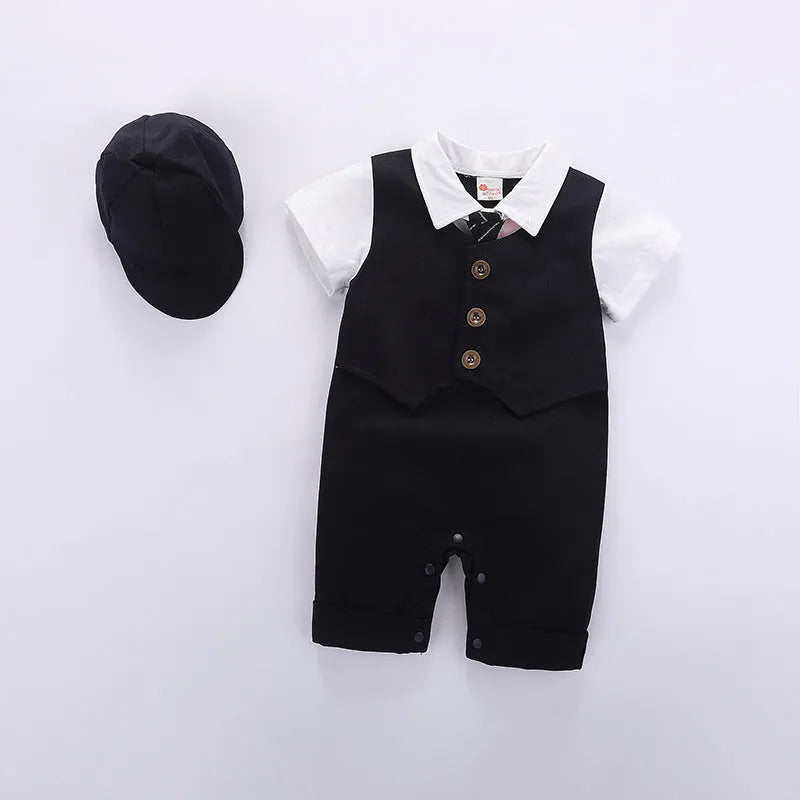 Cotton baby jumpsuit romper in black with short sleeves and removable hood, front view