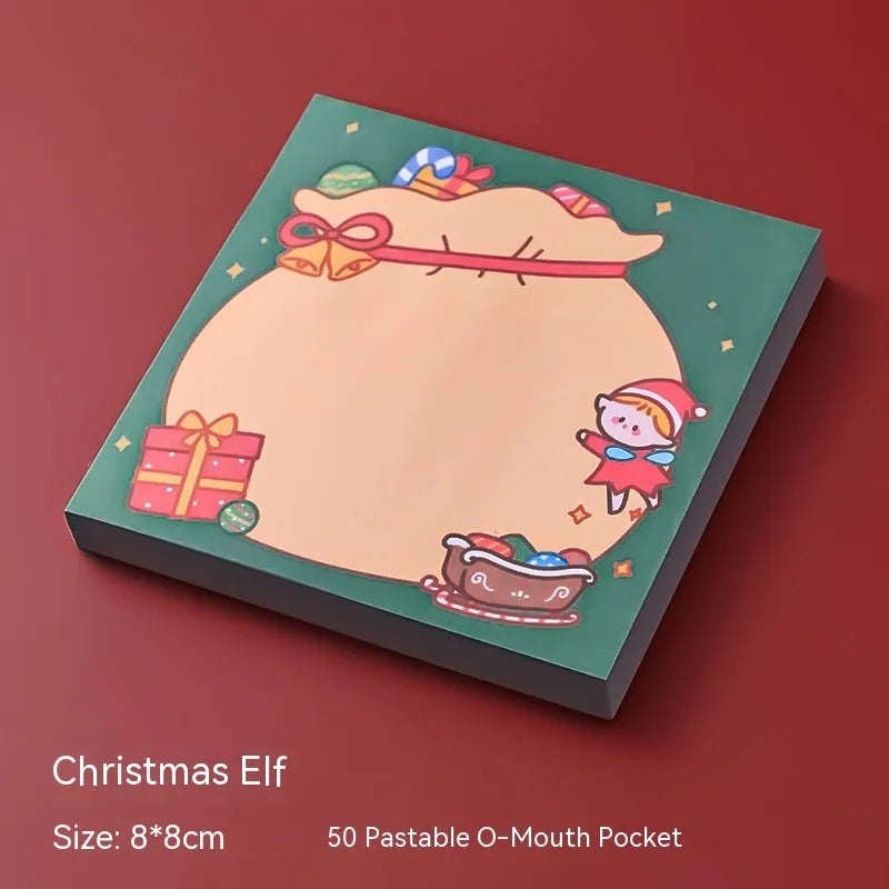 Christmas sticky notes book with festive designs of bear, elf, gift, house, sled, snowman, crystal ball, and Santa Claus.