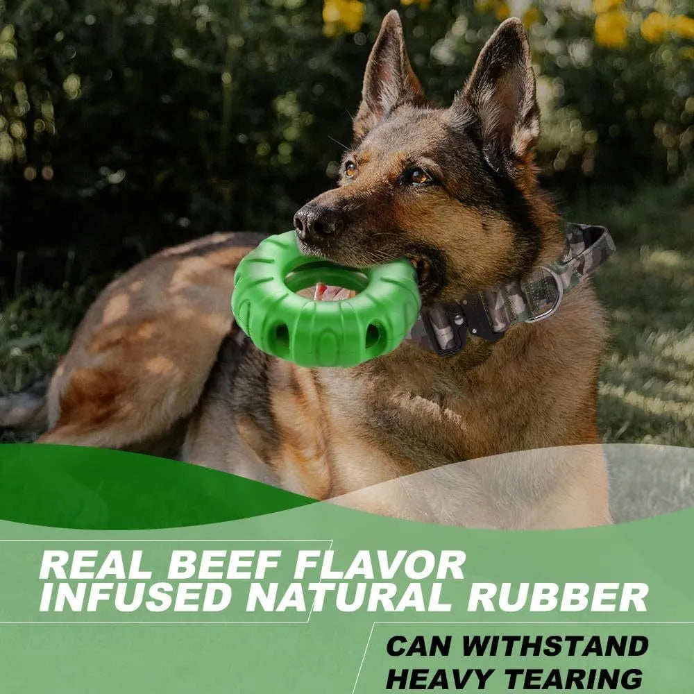 Blue green red tyre-shaped dog chew toy with oval openings for slow feeding