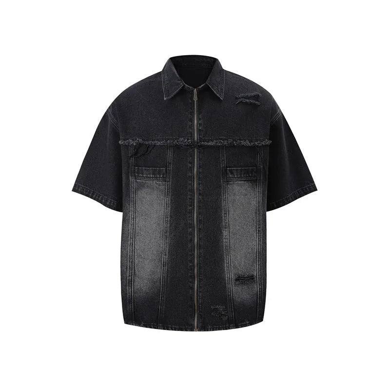 Men's loose denim overall suit two-piece set in black, shown on a model.
