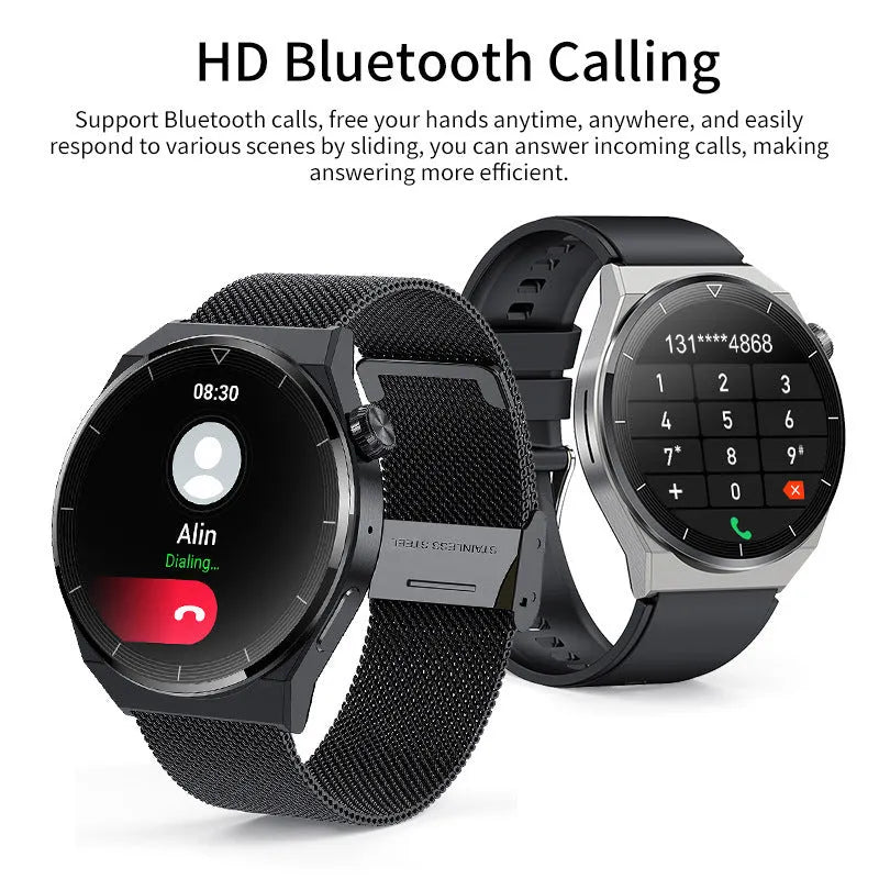 Black silicone and silver vinyl Bluetooth calling smartwatch with heart rate monitoring on wrist