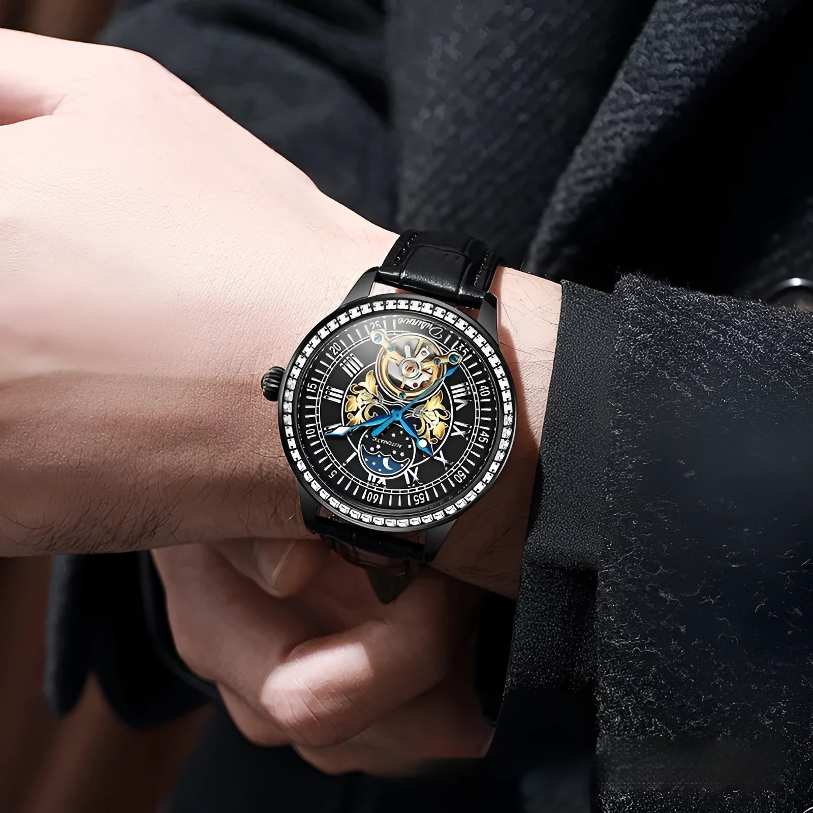 Men's stainless steel mechanical watch with a round dial, butterfly buckle, and transparent case back.