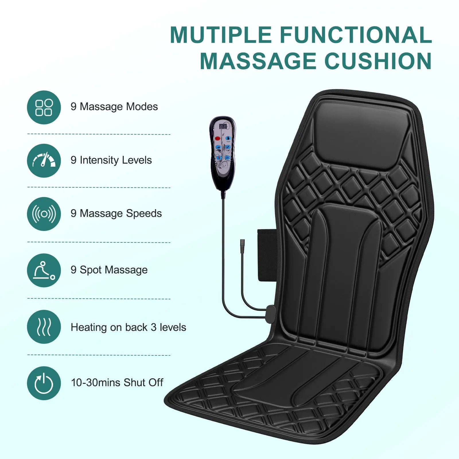 9-speed massage cushion with timer and heat on an office chair showing control panel and fabric cushion