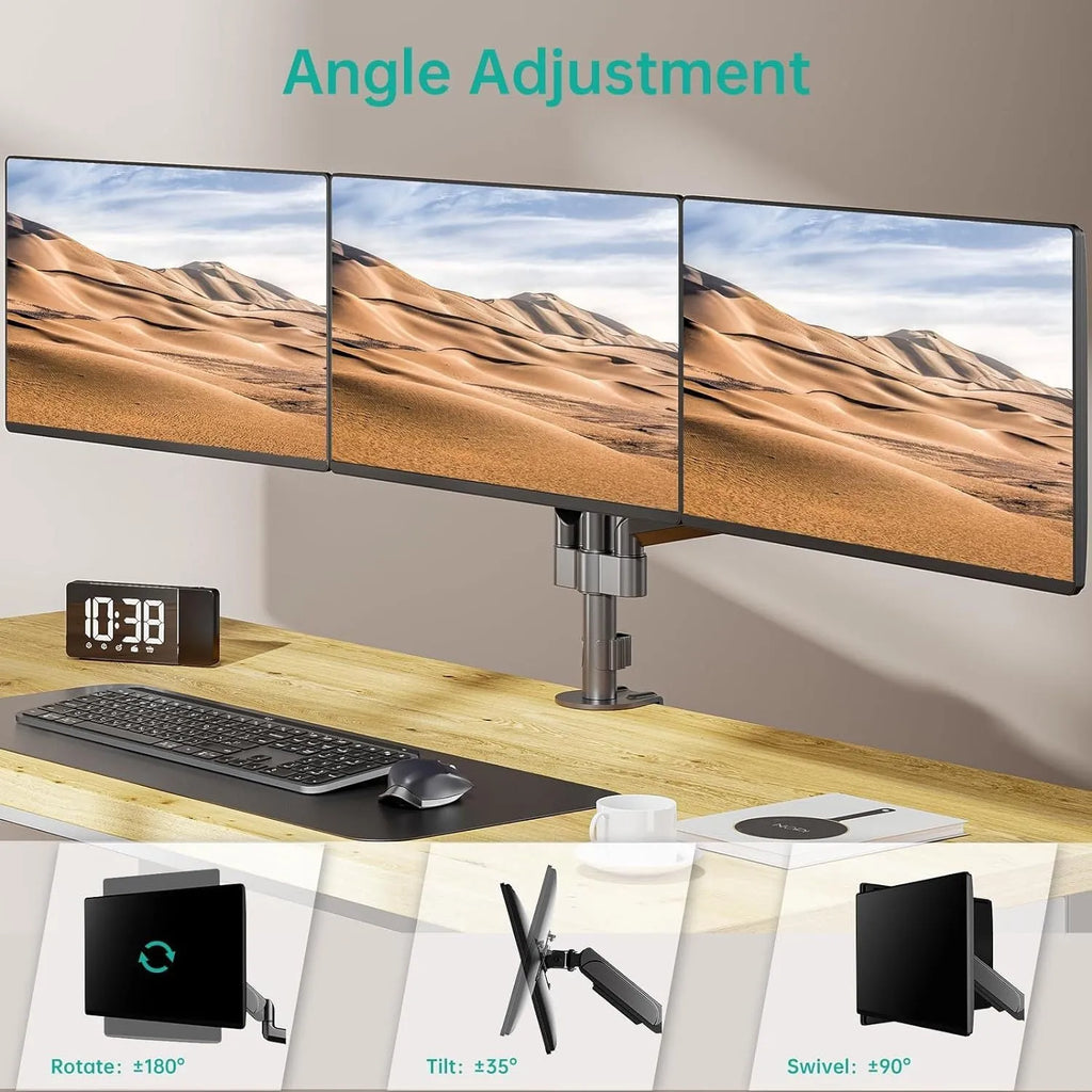 Black aluminium alloy three-arm gas spring monitor arm for 27-inch computer screens