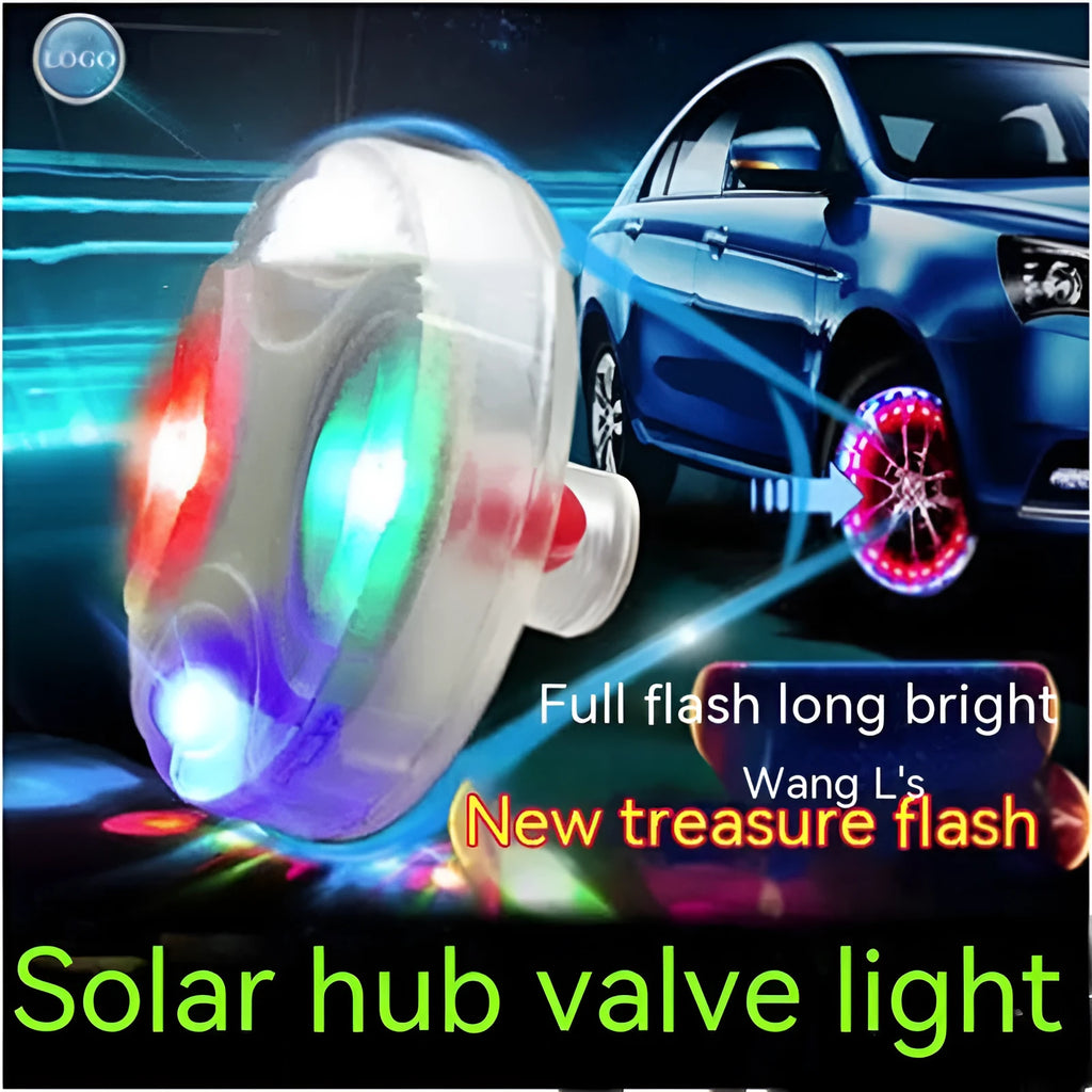 Solar valve tyre light with colour-adjustable LEDs mounted on car tyre valve stem