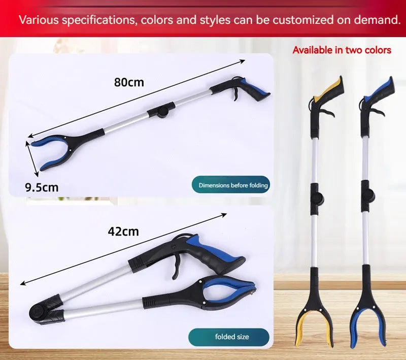 Foldable aluminium rubbish grabber with magnet, extended to 80cm length with blue handle option