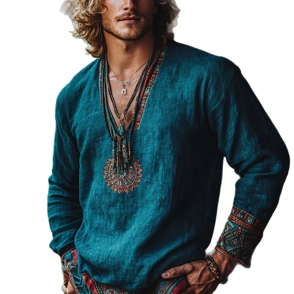 Women's vintage boho print long sleeve casual top in a picture colour, shown as a pullover.
