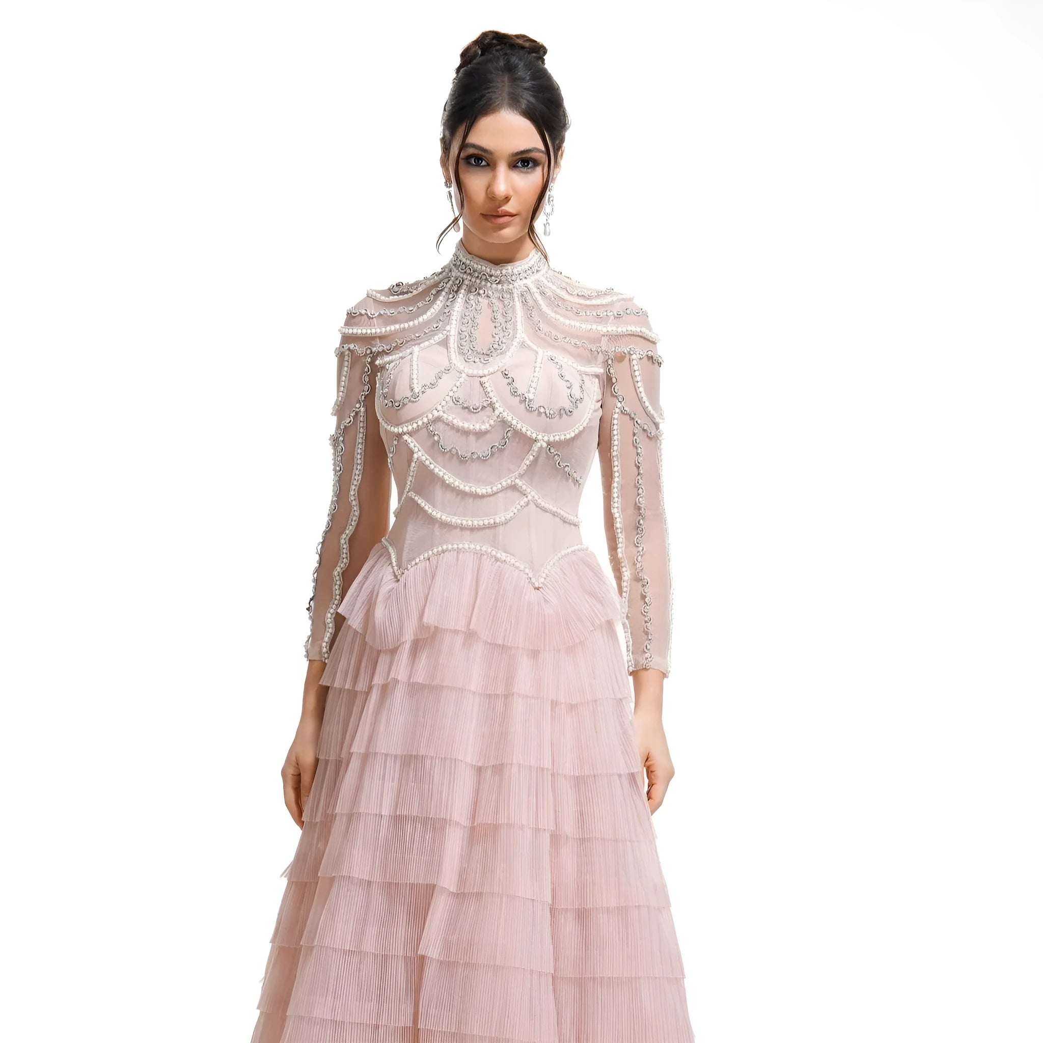 Women's black long sleeve beaded dress with mid waist and full-length skirt.