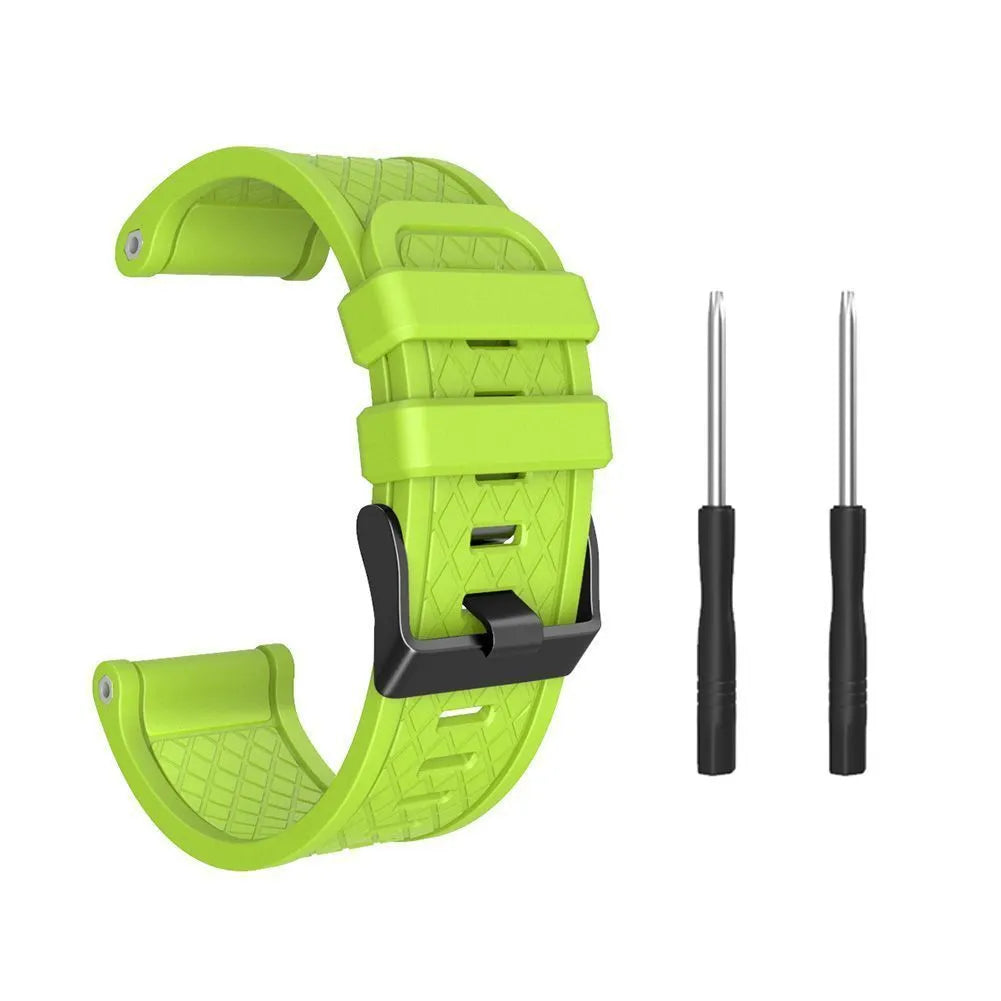 26mm wide black silicone watch strap with stainless steel buckle for Jiaming watches.