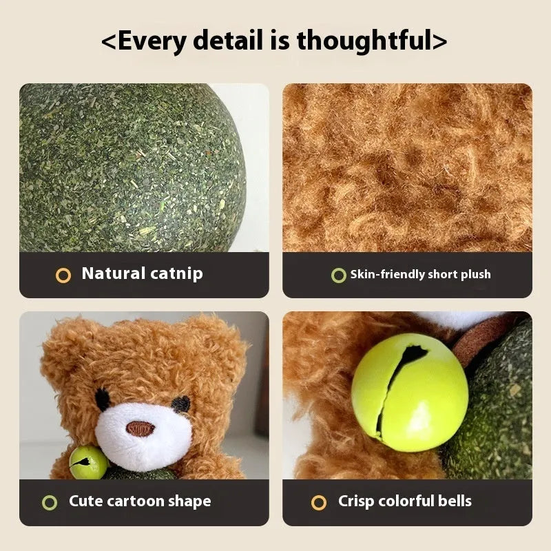 Plush catnip ball toy with bell in animal designs including brown bear and green frog