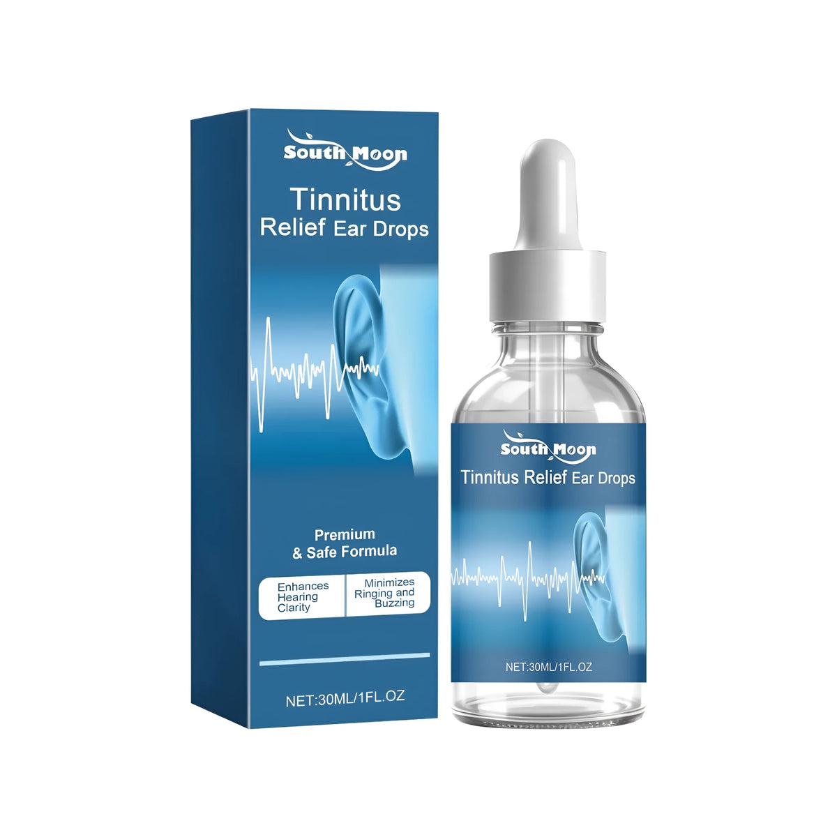 30ml bottle of tinnitus relief ear drops with witch hazel, ginkgo biloba, verbena and lavender oil