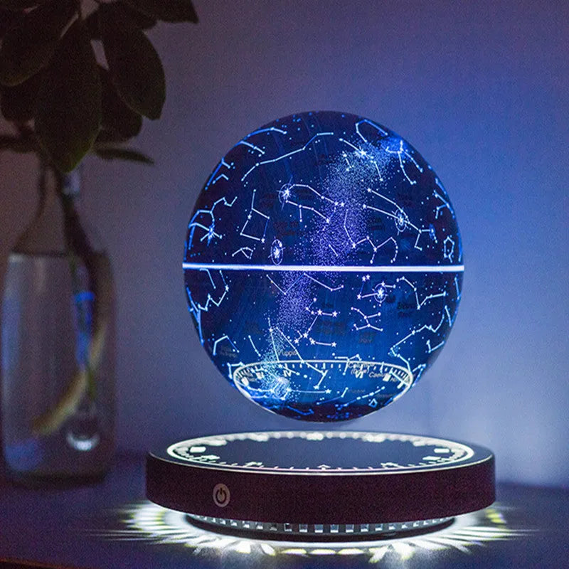 Black maglev moon lamp floating star ball shape on USB-powered base, modern minimalist bedside light