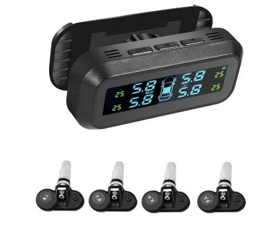 Solar wireless car tyre pressure monitoring system with colour screen display and four external sensors.