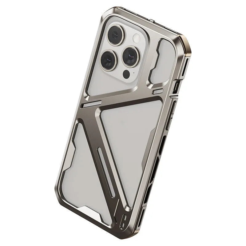 Titanium Gray metal phone case with hollow back for iPhone 14 Pro Max, half pack style