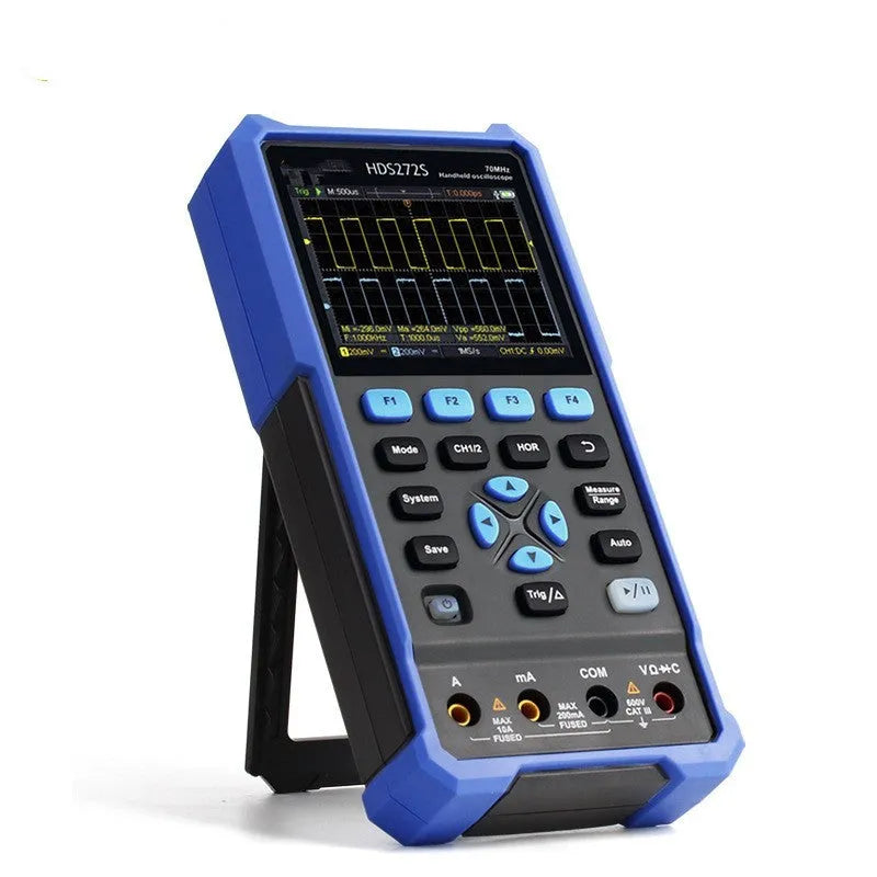 Owon HDS272 handheld digital oscilloscope with probe on black background