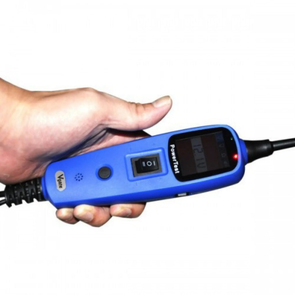 PT150 automotive power circuit test pen with blue housing and colour display in blow-moulded case with accessories