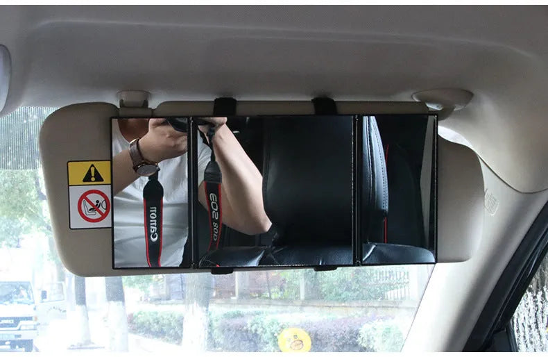 Silver car folding makeup mirror showing folded and opened positions with ABS frame and glass mirror