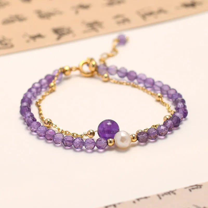 Purple amethyst Chinese style crystal bracelet with diamond shapes and adjustable closure