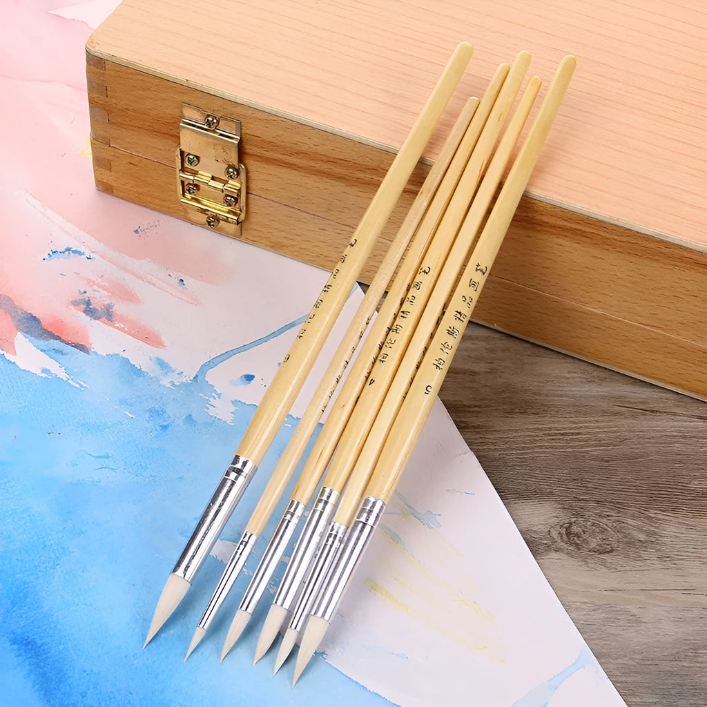 Six-piece wooden artistic brush set with pointed wool tips for line art painting