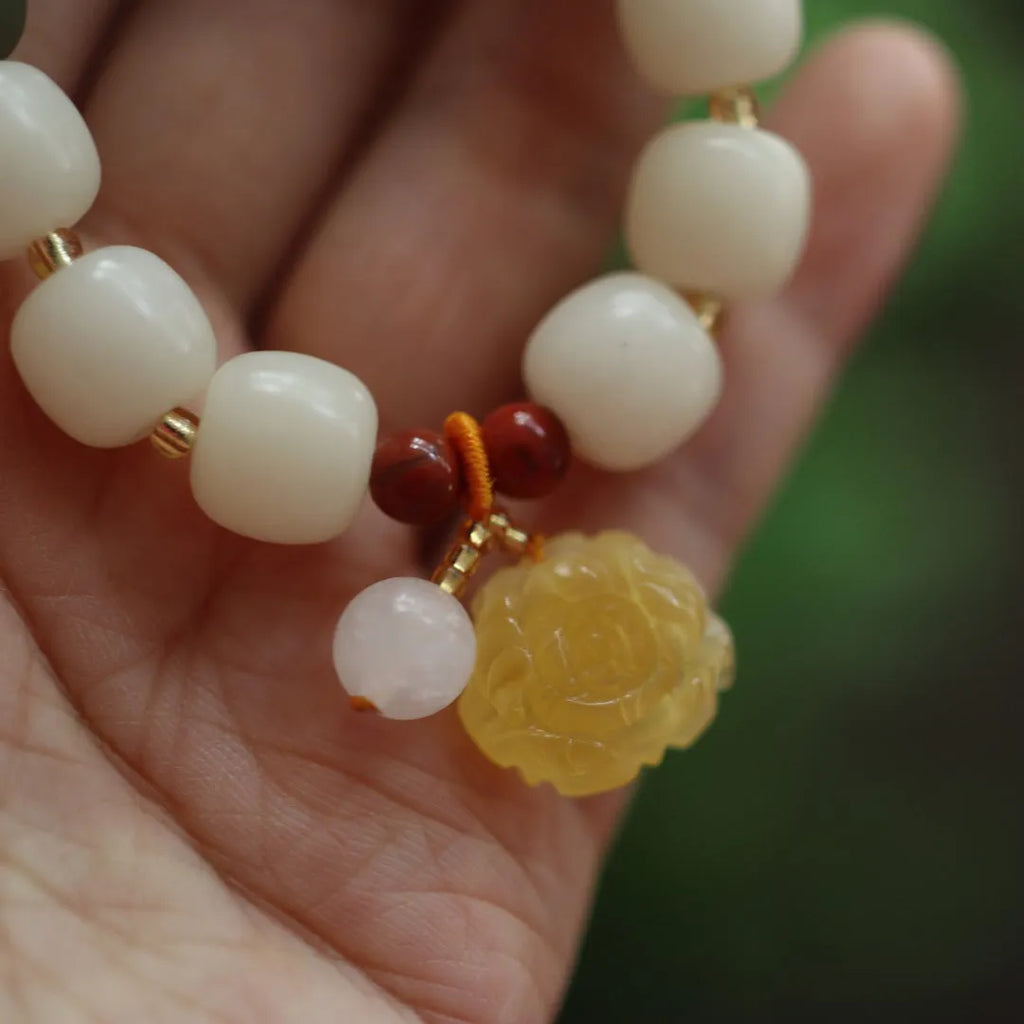 Natural Bodhi root bracelet with gradient white jade and beeswax floral beads