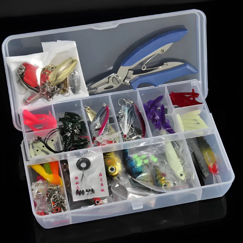 132-piece fishing lure set with soft baits, high carbon steel hooks, and rose red treasure colour lures in storage case