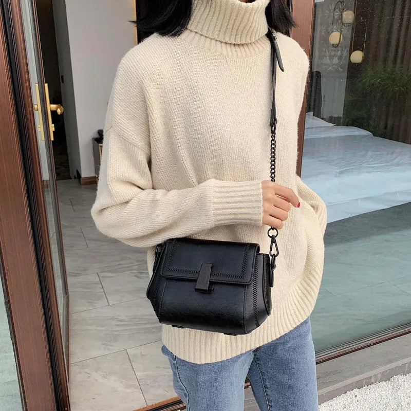 Korean style PU shoulder crossbody bag in beige with clamshell opening and crossbody strap