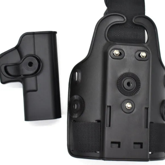 Green tactical plastic leg holster with quick-pull design shown on a model, suitable for outdoor sports.