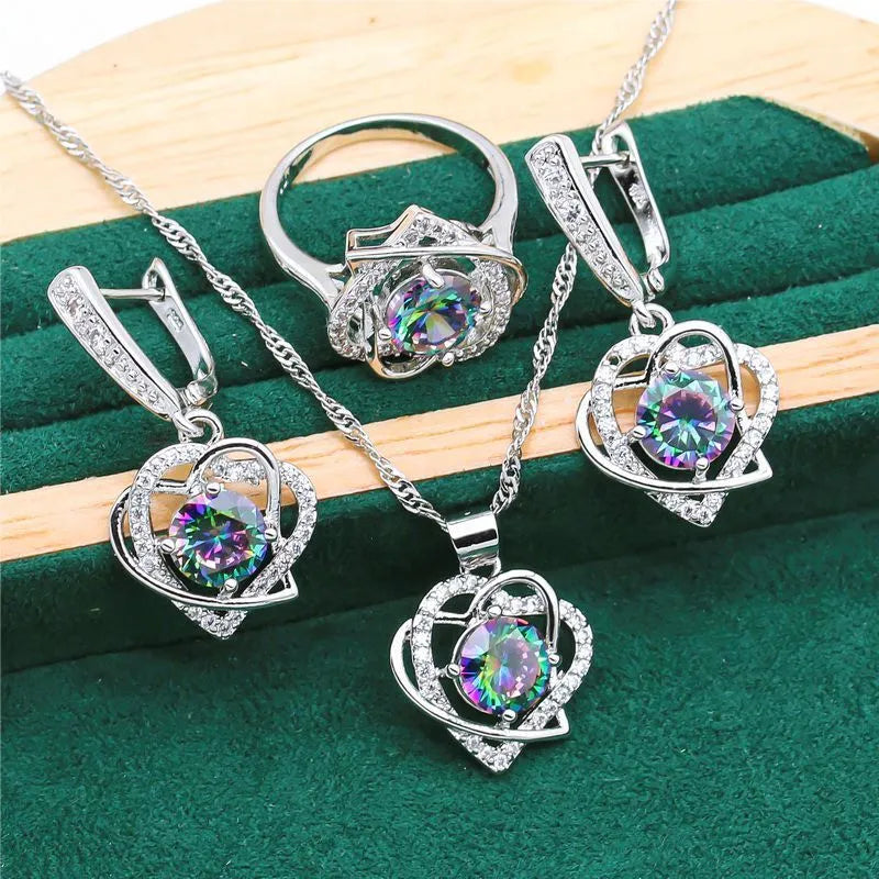 Four-piece copper inlaid zircon jewellery set with necklace, ring, earrings and bracelet in black, green or picture colour