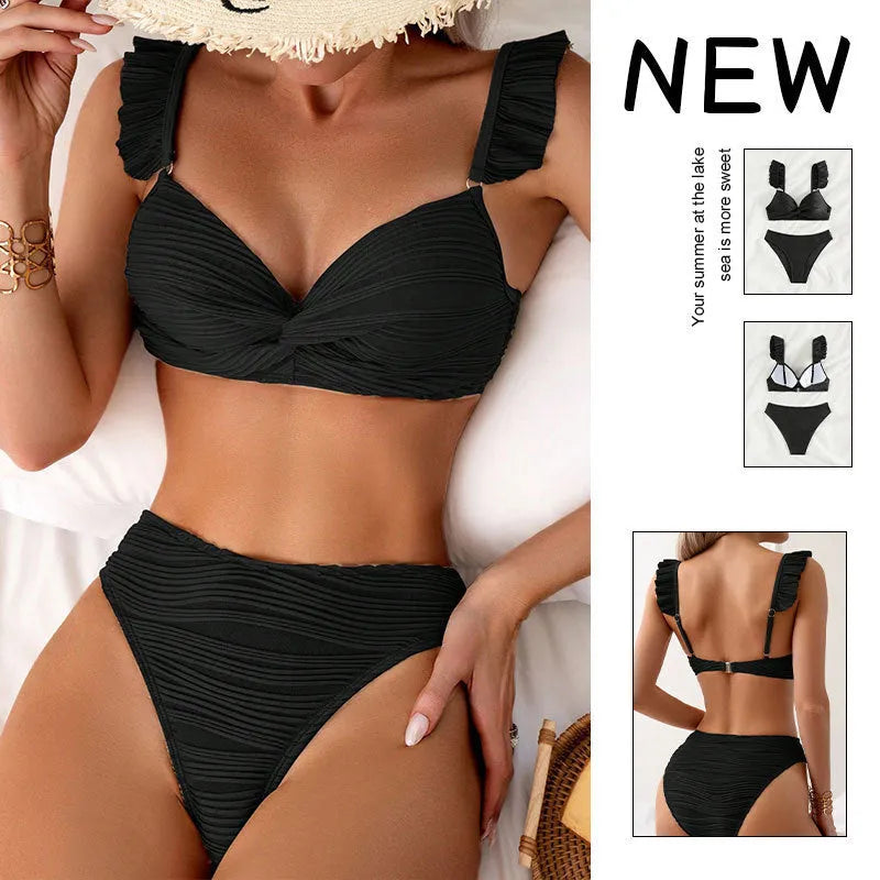Solid colour women's bikini swimsuit set in black or khaki, made from polyester fabric.
