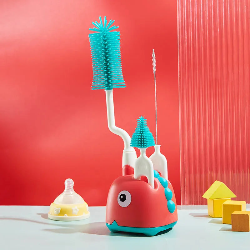 Multifunctional cleaning brush set with base for bottles, pacifiers, and straws in four colours