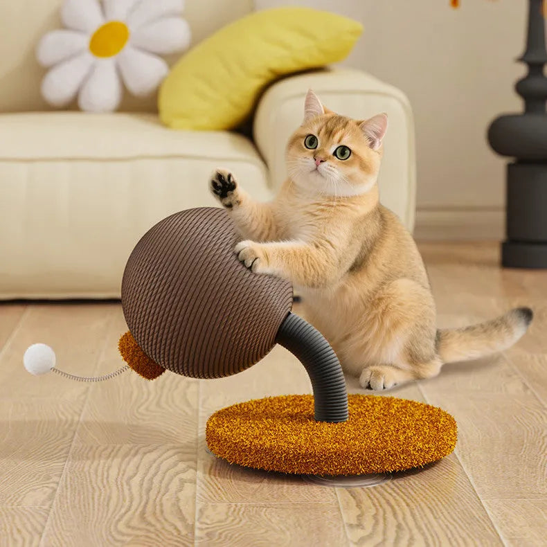 Cat scratch board with a hemp rope ball attached, shown in large and small size options.