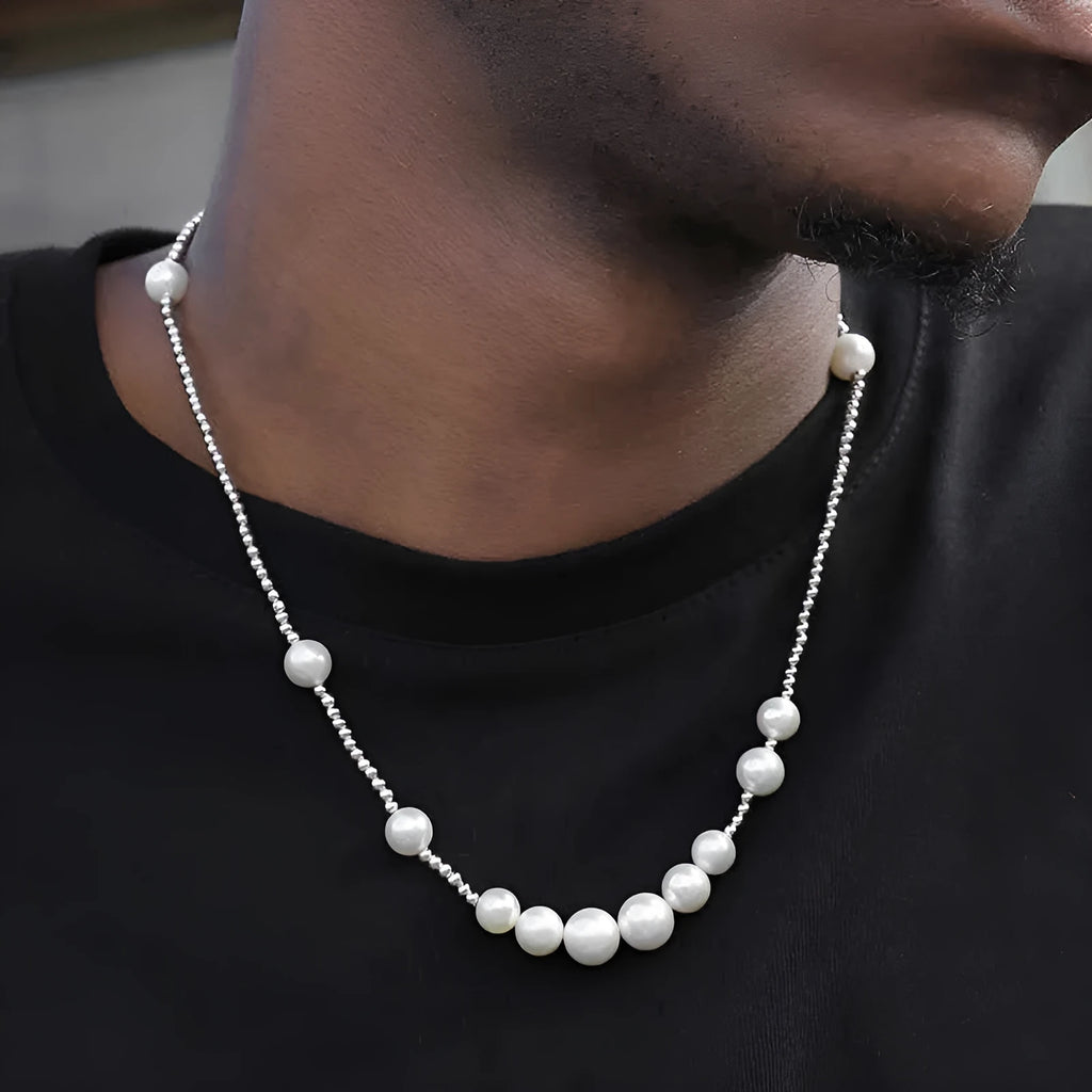 Unisex S925 sterling silver necklace with natural pearl and platinum-plated spacer bead on 51cm chain