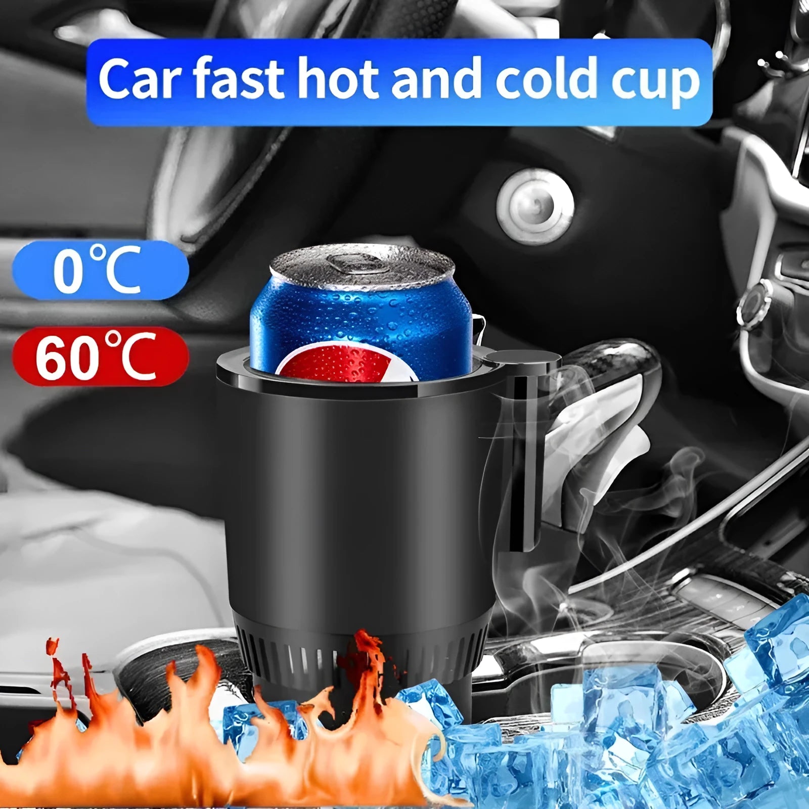 Black 12V car cup holder with digital display for heating and cooling drinks