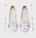 Women's black genuine leather square toe pumps with a low heel and buckle fastening.