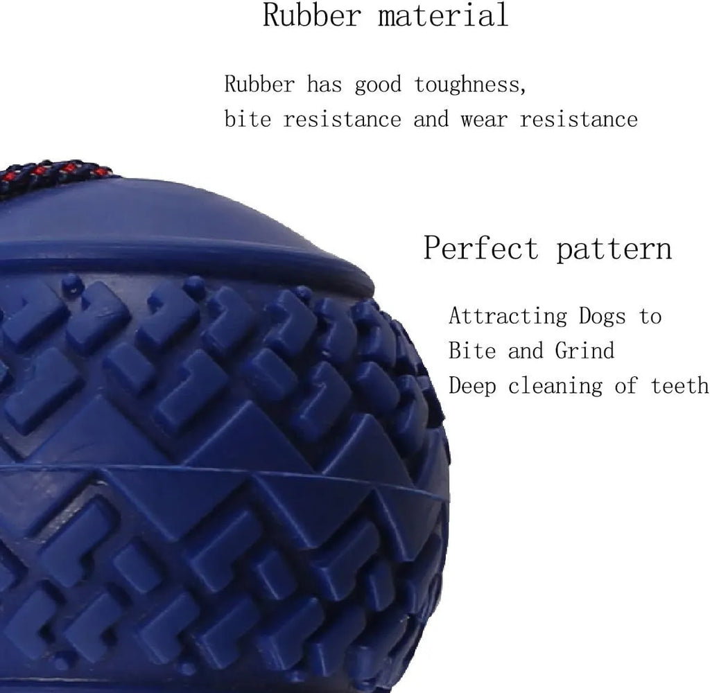 Blue rubber dog ball with rope attachment for tug-of-war and teeth cleaning